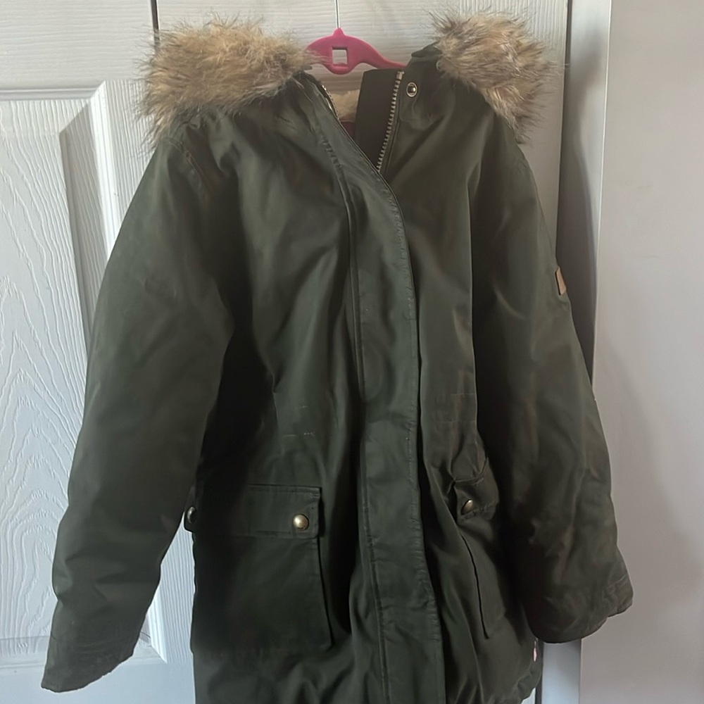 Joules Olive Green Hooded Parka with Faux Fur Trim